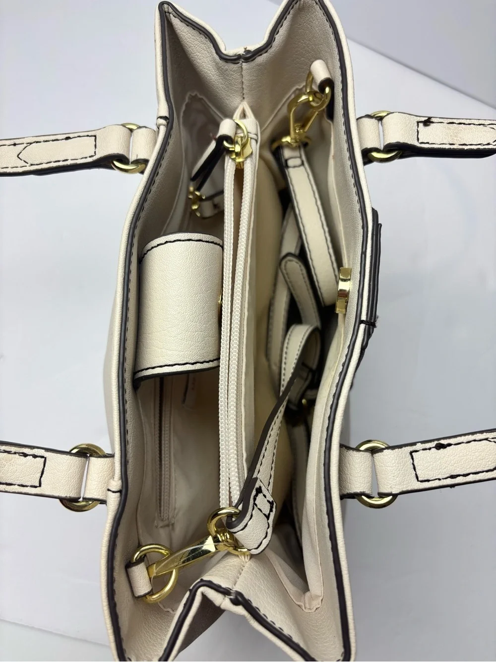 Liz Claiborne Cream Tote with Brown Center Stripe